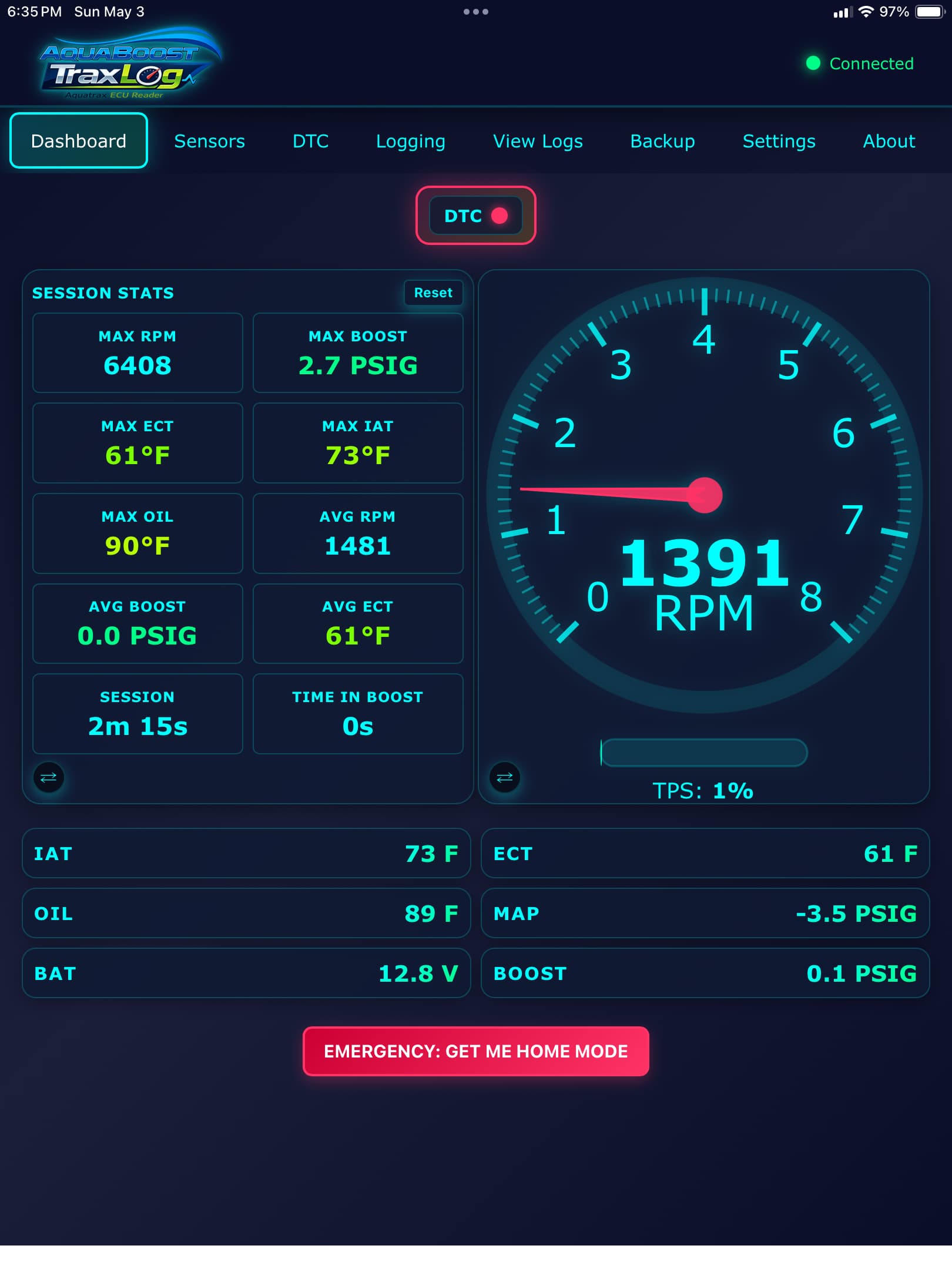 AquaBoost TraxLog dashboard — live session stats and RPM gauge