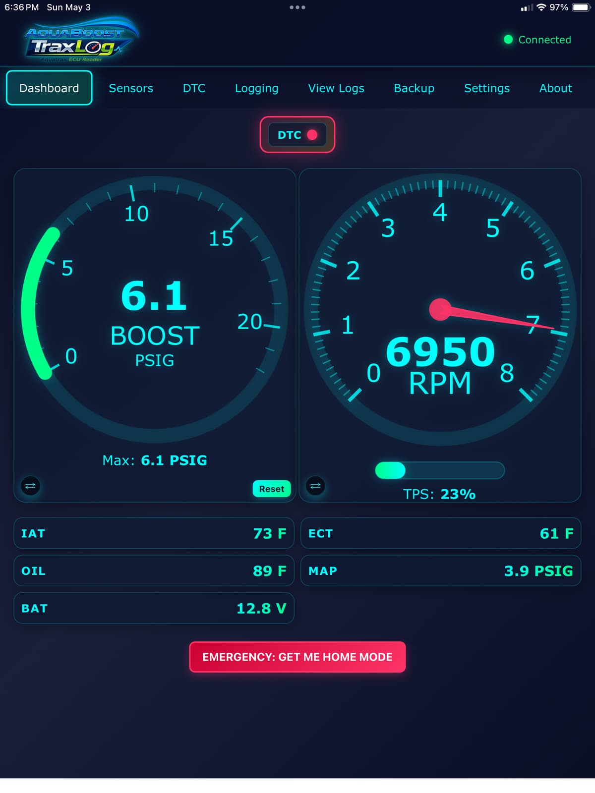 AquaBoost TraxLog dashboard showing 6,950 RPM and 6.1 PSIG boost in real-time